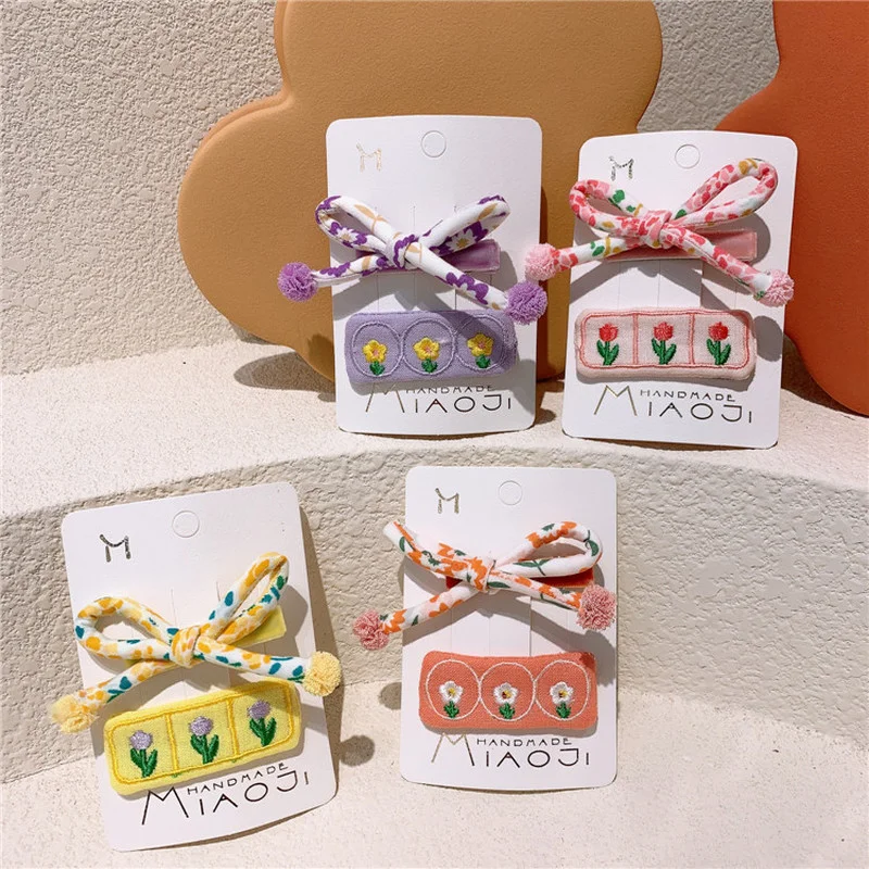 

New Korean of hair rope embroidery flowers BB clip floral bow hairpin side clip hairpin hair accessories children little girls