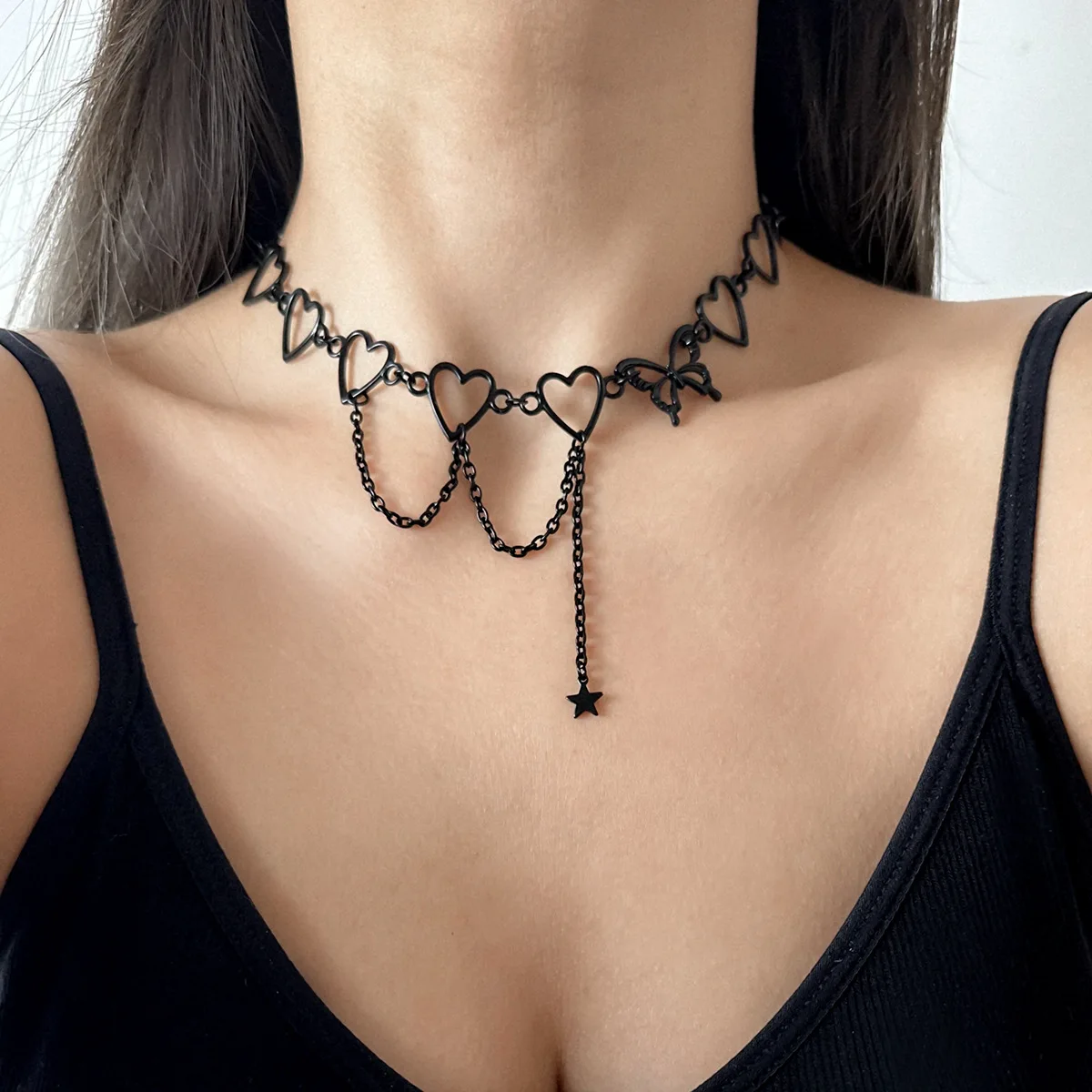 

Fashion Black Choker Tassel Fold Wear Hip Hop Collarbone Chain Cold Wind Love Circle Chain Charm Necklace