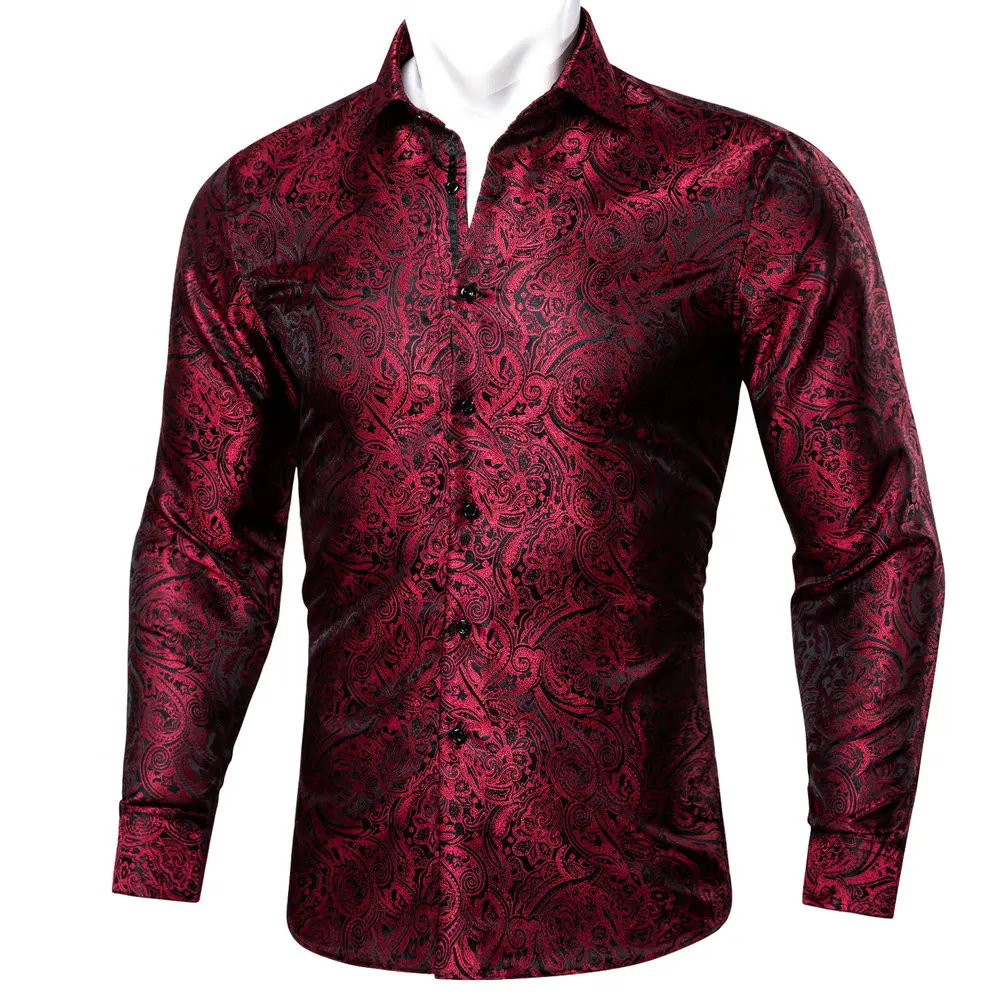 

Designer Wine Red Paisley Long Sleeve Mens Shirt Casual Fit Jacquard Polyester Turndown Collar Business Wedding Party Barry.Wang