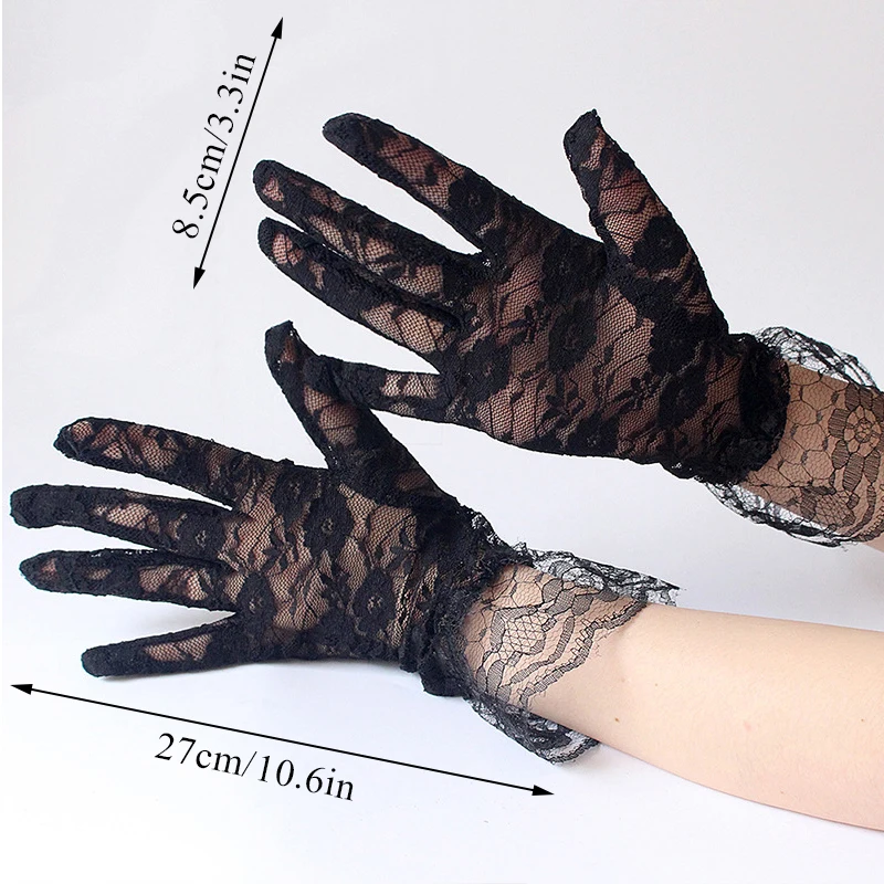Women Sexy Lace Short Tulle Gloves Elegant Lady Lotus Leaf Sheers Gloves Ultra Thin Floral Stretchy Gloves Full Finger Mittens images - 6