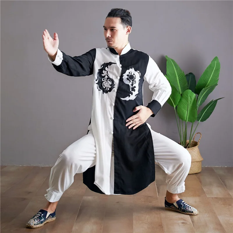 Men's Cotton and Linen Meditation Tai Chi Practice Clothes Chinese Style Suit Hanfu Contrast Color Gossip Embroidery Long Shirt