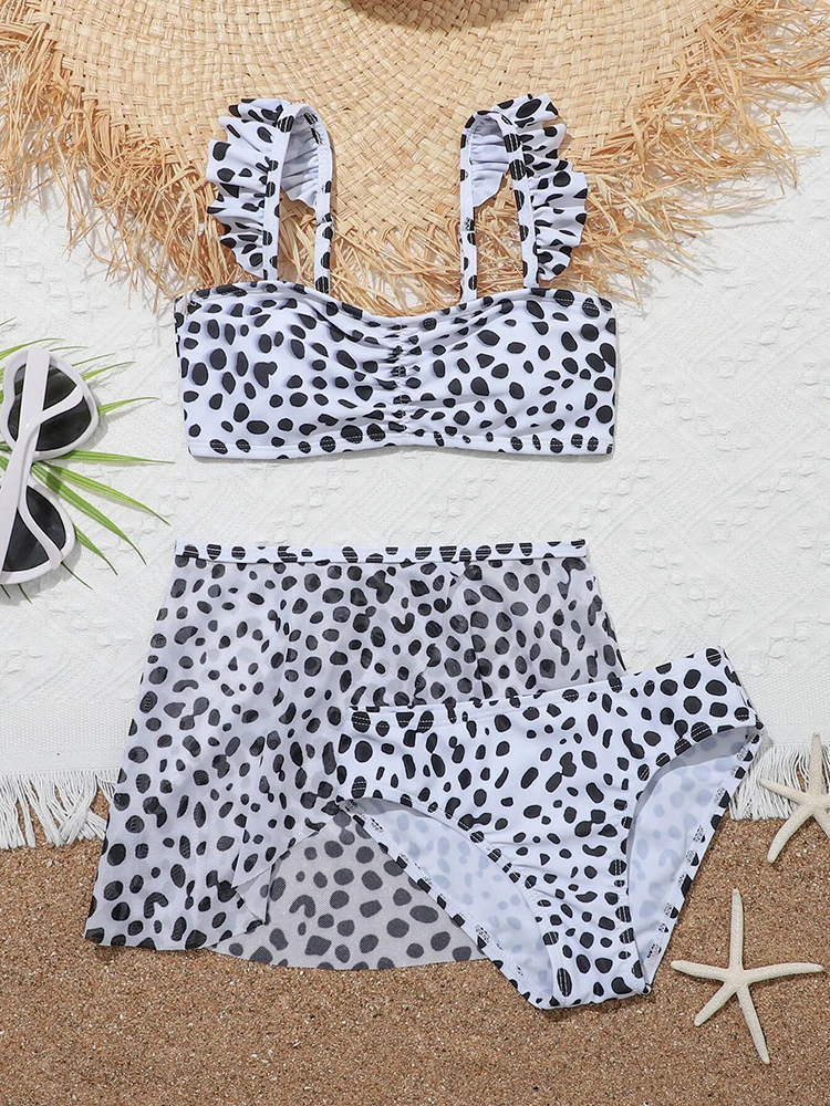 

Бикини в горошек для маленьких девочек, 3 шт./упаковка, сетчатая пляжная юбка, детский купальник, 2023, купальник с оборками на плечах для мален...