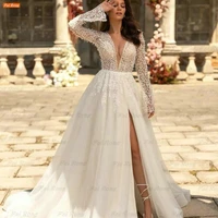 sexy v neck tulle wedding dress long sleeves lace appliuques side split vestidos de novia a line bridal gown robe de mariage