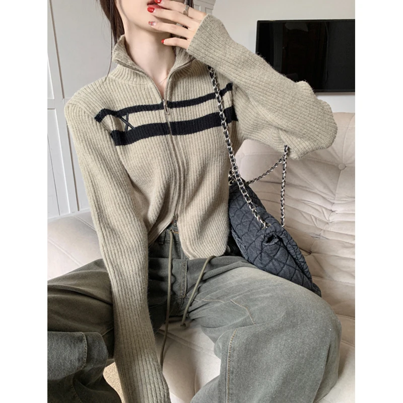 American vintage Contrast Color Double Zipper Polo Collar Knit Women Autumn and Winter New Casual Show Short Thin Sweater Car...