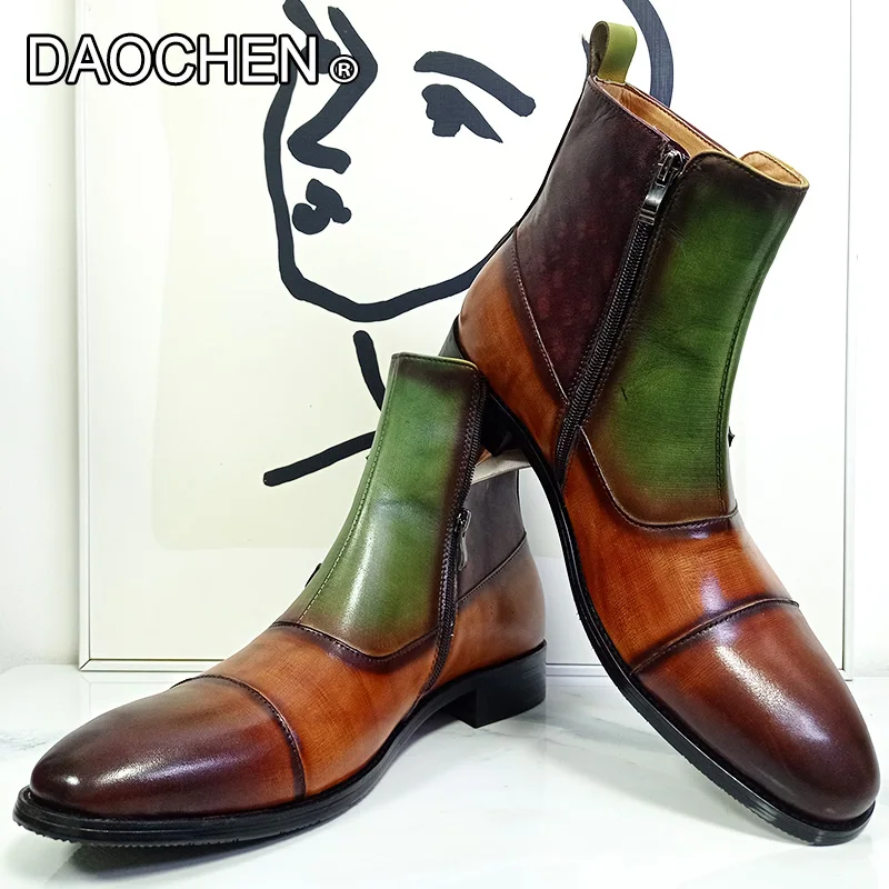 

LUXURY MEN ANKLE BOOTS SHOES BLACK MIXED COLORS CHELSEA BOOTS DOUBLE BUCKE LEATHER MEN DRESS BOOTS WEDDING PARTY MEN CASUALSHOES