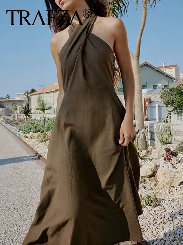 

TRAF ZA 2023 Women Fashion Casual Sexy Backless Sleeveless Long Dress Woman's Elegant Back Zipper Solid Color Drape Slim Dress