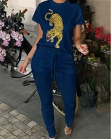 2022 casual womens suit casual o neck leopard print top and lace up pants set two piece set women summer new home wear set