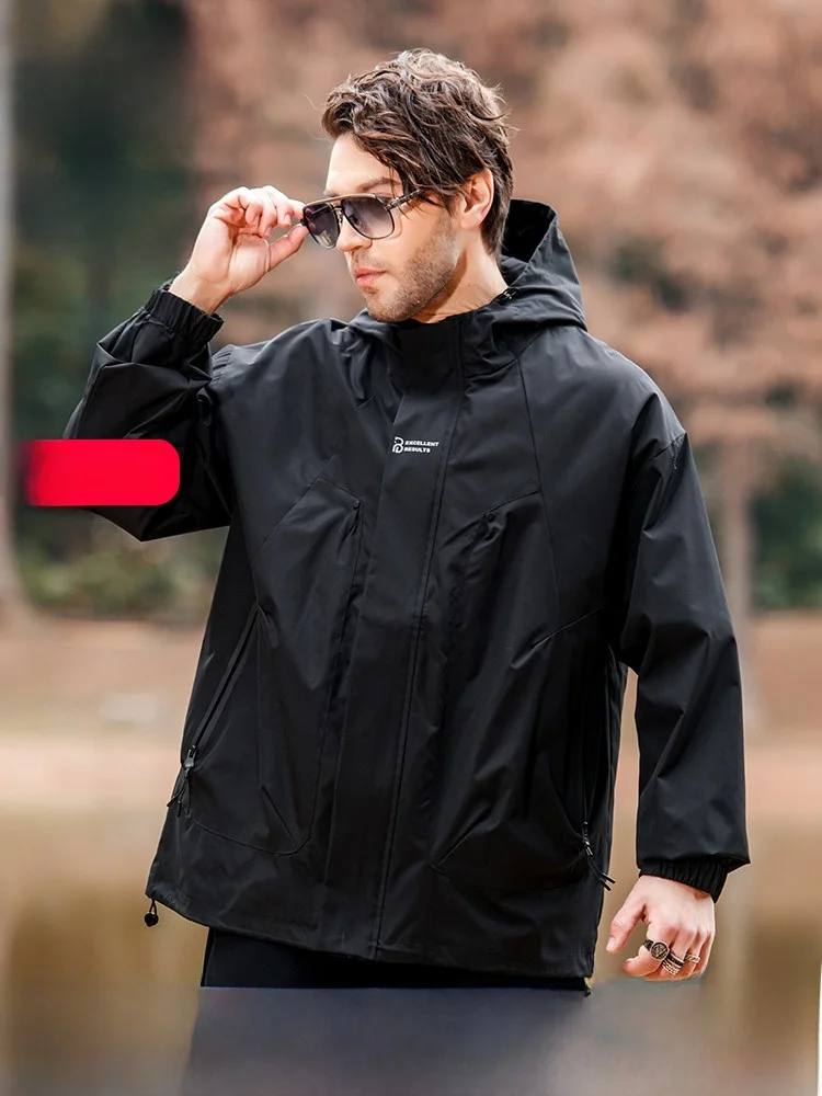 Faxika Plus size Men's Outdoor Hood Jacket Fat plus Size Spring Loose Windproof Waterproof Outerwear Tide
