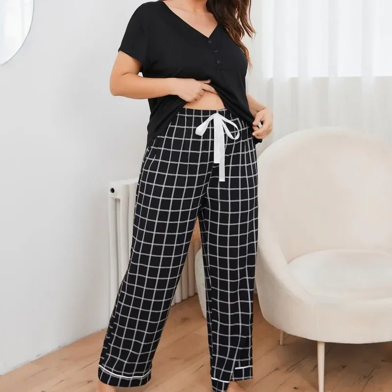 Женские брючные пижамные комплекты больших размеров на весну и лето топы с