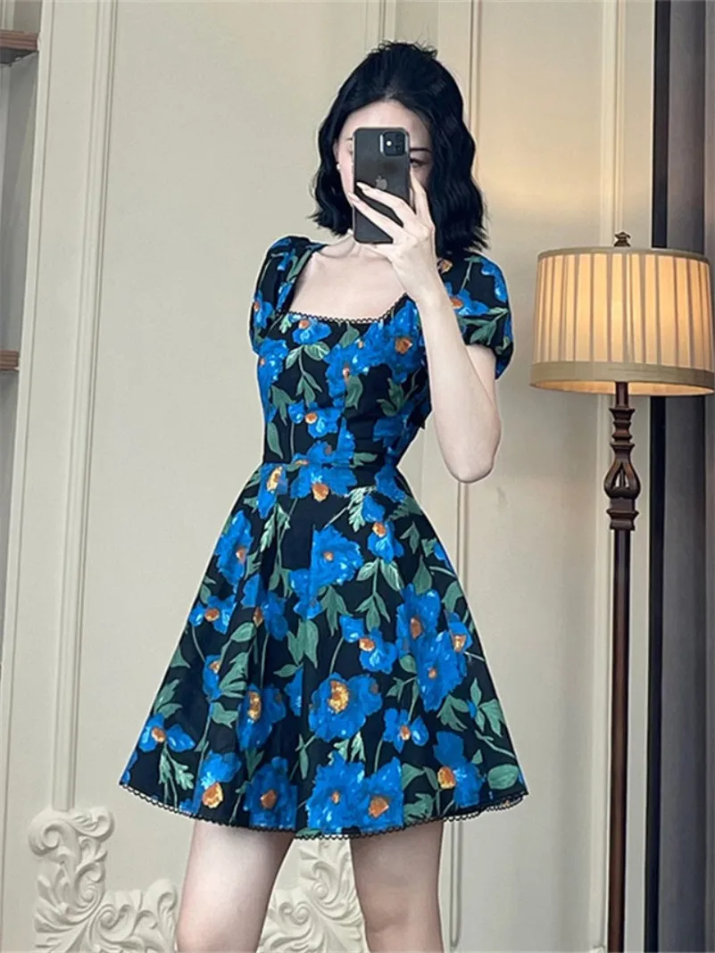 

Summer Cotton Square Collar Retro Blue Printed Mini Skirts Puff Sleeve High Waist A-Line Girlish Korean Style Party Vestidos