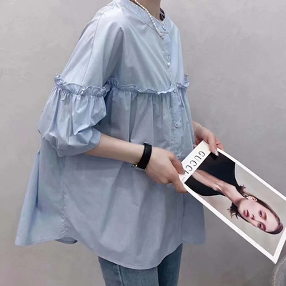

Blouse Design Sense Niche Lace Solid Color Shirt Fashionable Western Style Loose All-match Temperament Top Women Summer New 2022