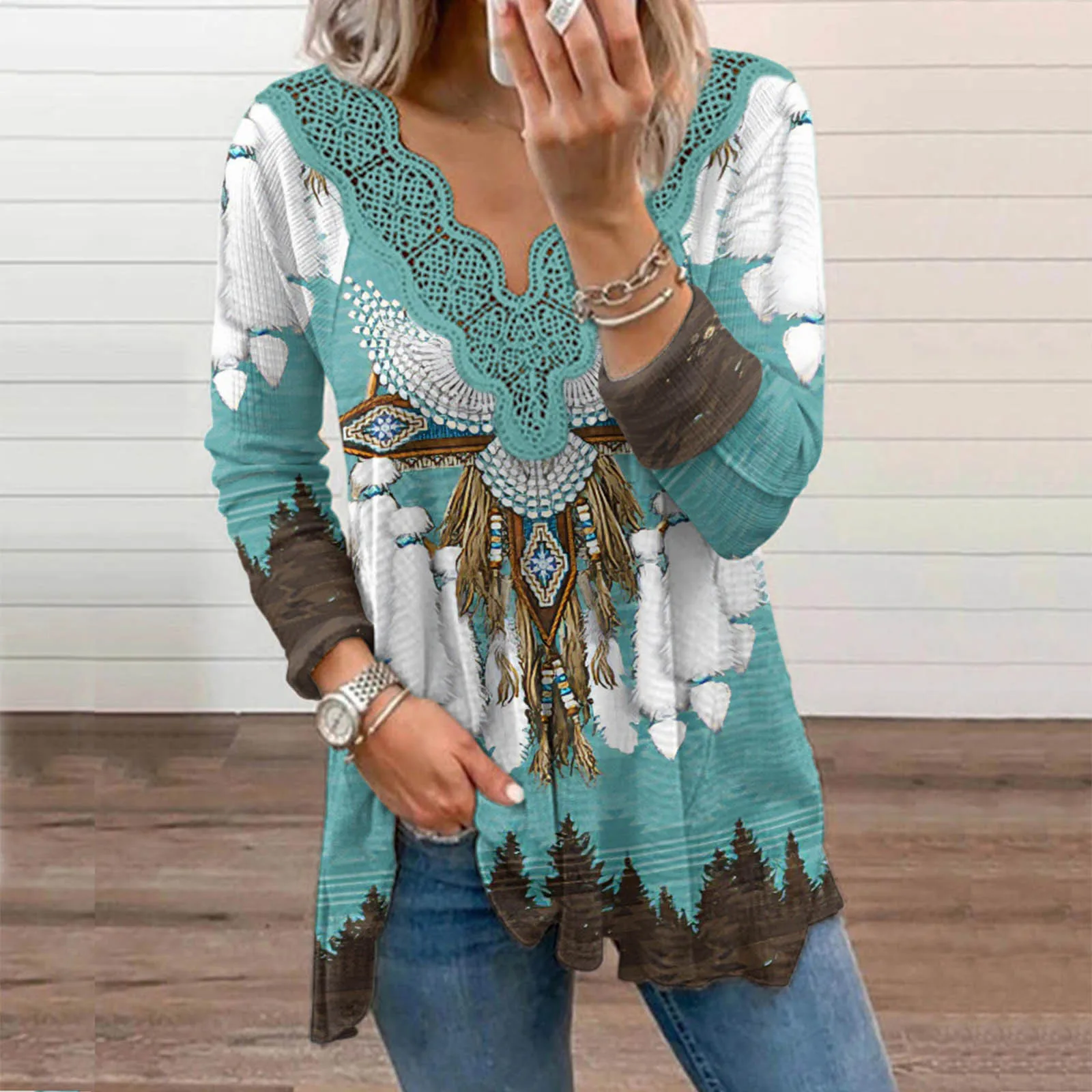 

Женские футболки, женская модная повседневная рубашка в западном стиле с принтом и длинным рукавом, хлопковые футболки с длинным рукавом дл...