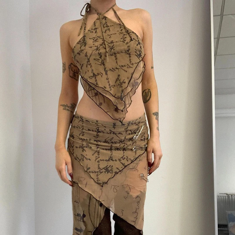 

WeiYao Irregular Print Fairycore Grunge Halter Tops Women Summer 2022 Backless Sleeveless Sexy Party Top Vintage Y2K Camisole