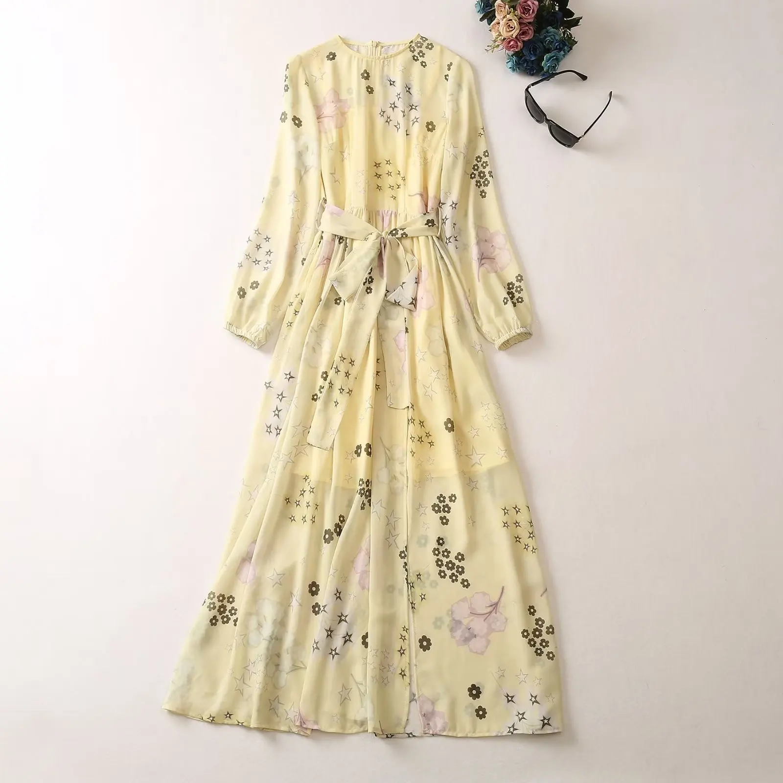 

Женская одежда в европейском и американском стиле, новинка весны 2023, модное плиссированное платье с длинным рукавом, круглым вырезом и желтым принтом звезд и цветов, XXL