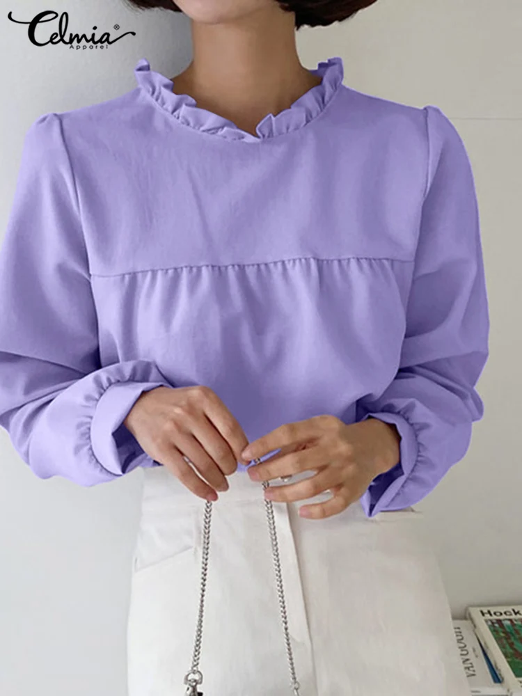 

Celmia летние однотонные плиссированные рубашки, женские блузки с длинным рукавом, повседневные блузки со складками и О-образным вырезом, весн...