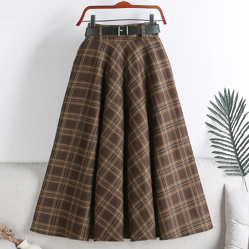 

Belted Plaid Skirts High Waist Elastic Jupe Mujer Faldas New Autumn&Winter Long Skirt Casual Women Vintage Clothes Dropshipping