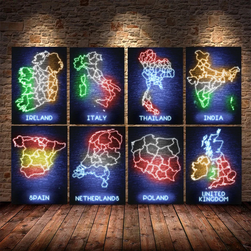 Неоновая абстрактная карта мира холст живопись США Индия Италия принты и плакаты