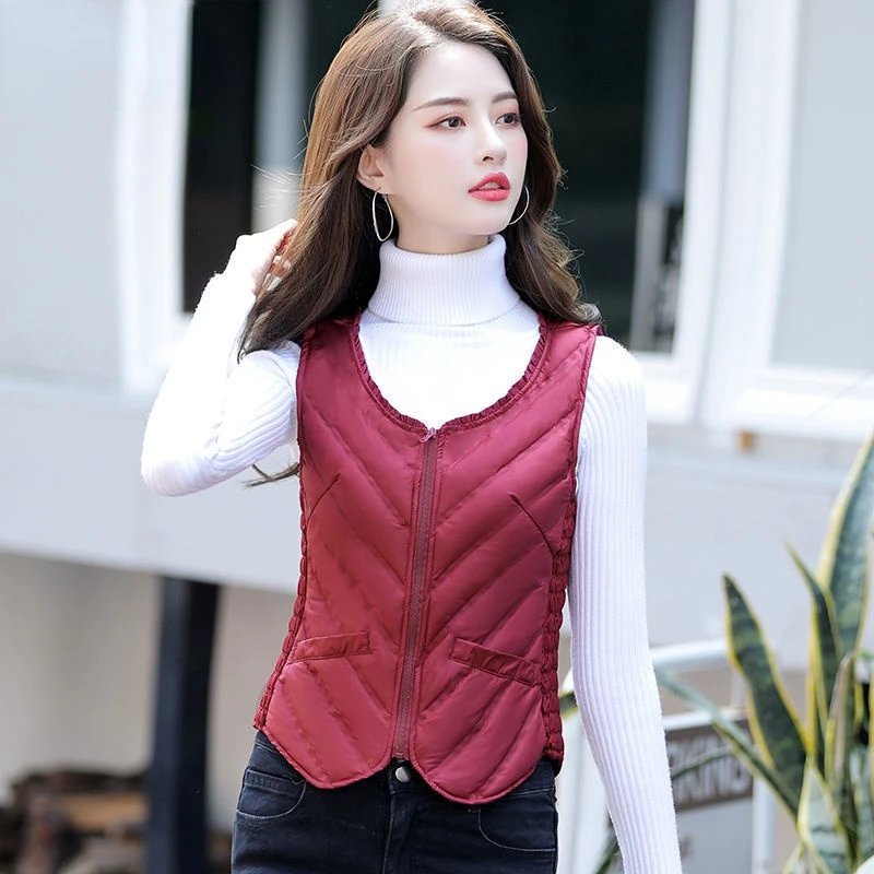 Women's Fashion Inner Wear Solid Color Slim-fitting Vest Retro Round Neck Zipper Women's Vest Jacket Autumn and Winter