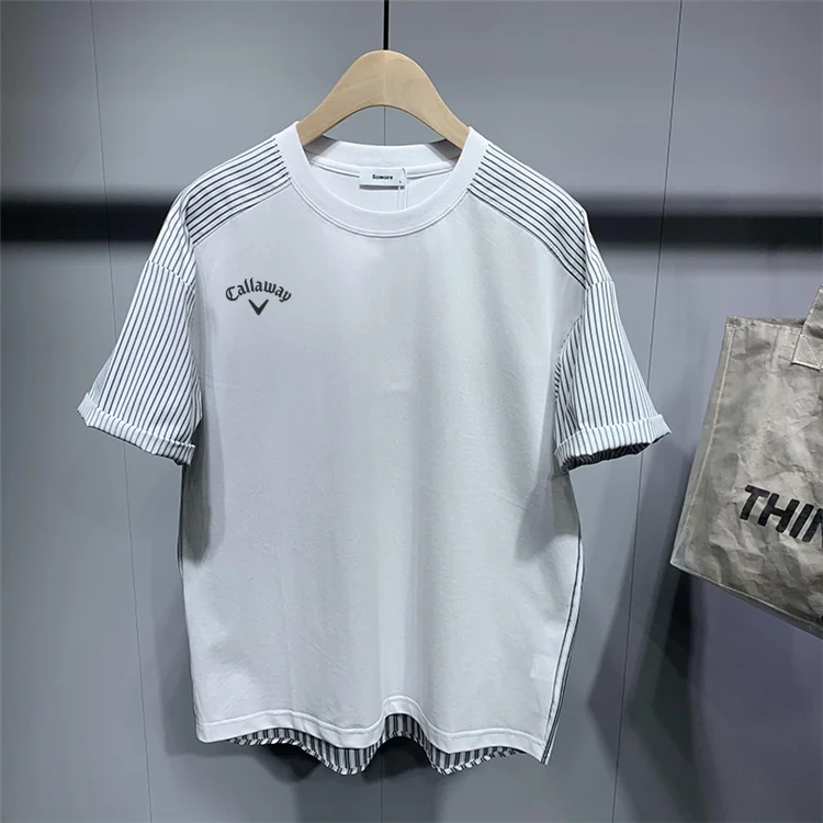 

Мужская рубашка для гольфа, Повседневная рубашка-поло в полоску, с короткими рукавами, с защитой от влаги и сухой посадки, с круглым вырезом, ...