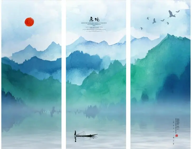 

Настенный постер в китайском стиле MT4004, художественный принт с изображением рассвета на лодке, пейзажа, для гостиной, украшение для дома