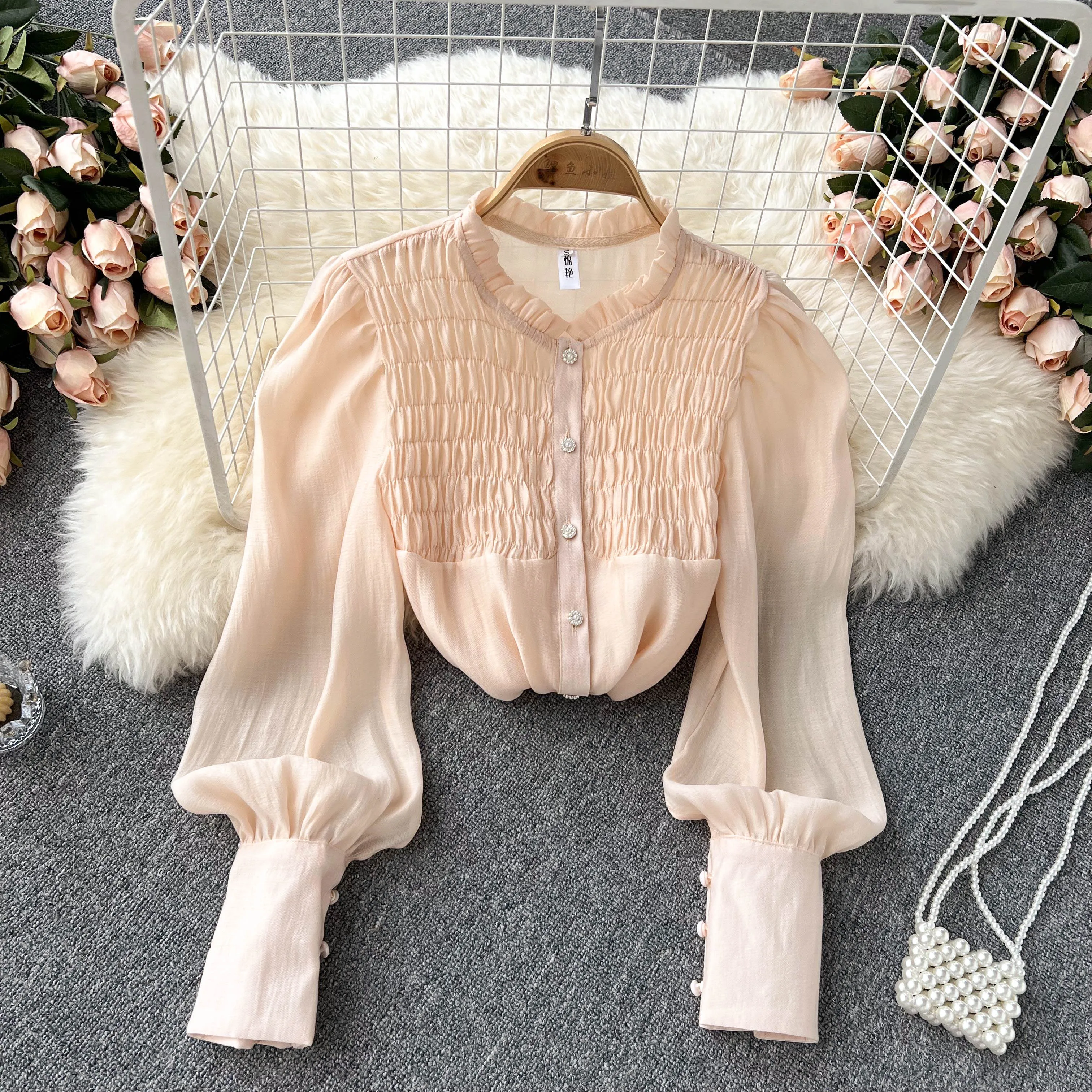 

D399 Women New Fashion Spring Autumn Sweet Wooden Ears Folds Buckles Slim Long Sleeve Shirts Clothes Solid Color Blouse