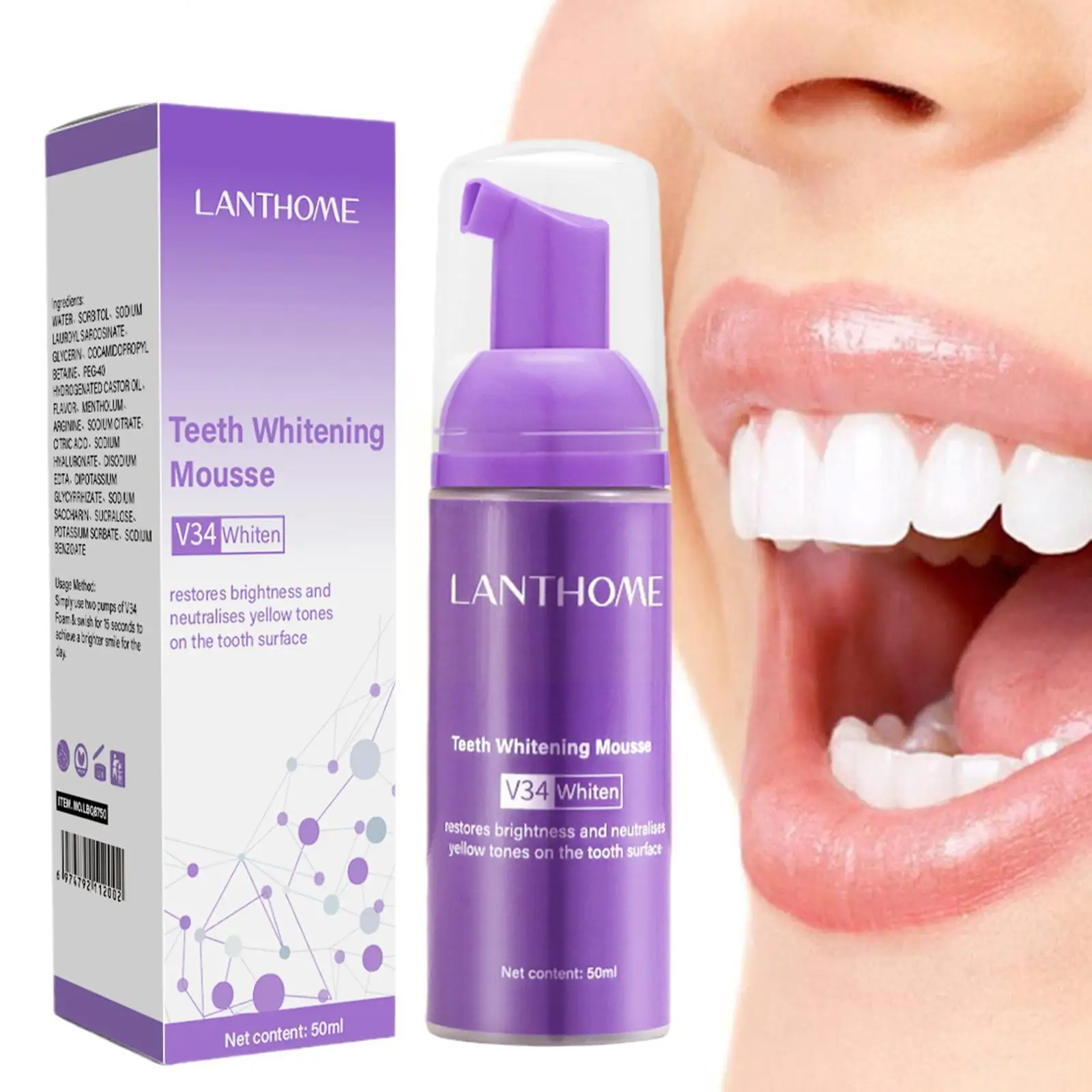 

V34 Teeth Whitening Mousse Remove Stains Fresh Breath Toothpaste Tooth Hygiene 50ML Whitening Oral Foam Cleaning Mousse Tee S9E5