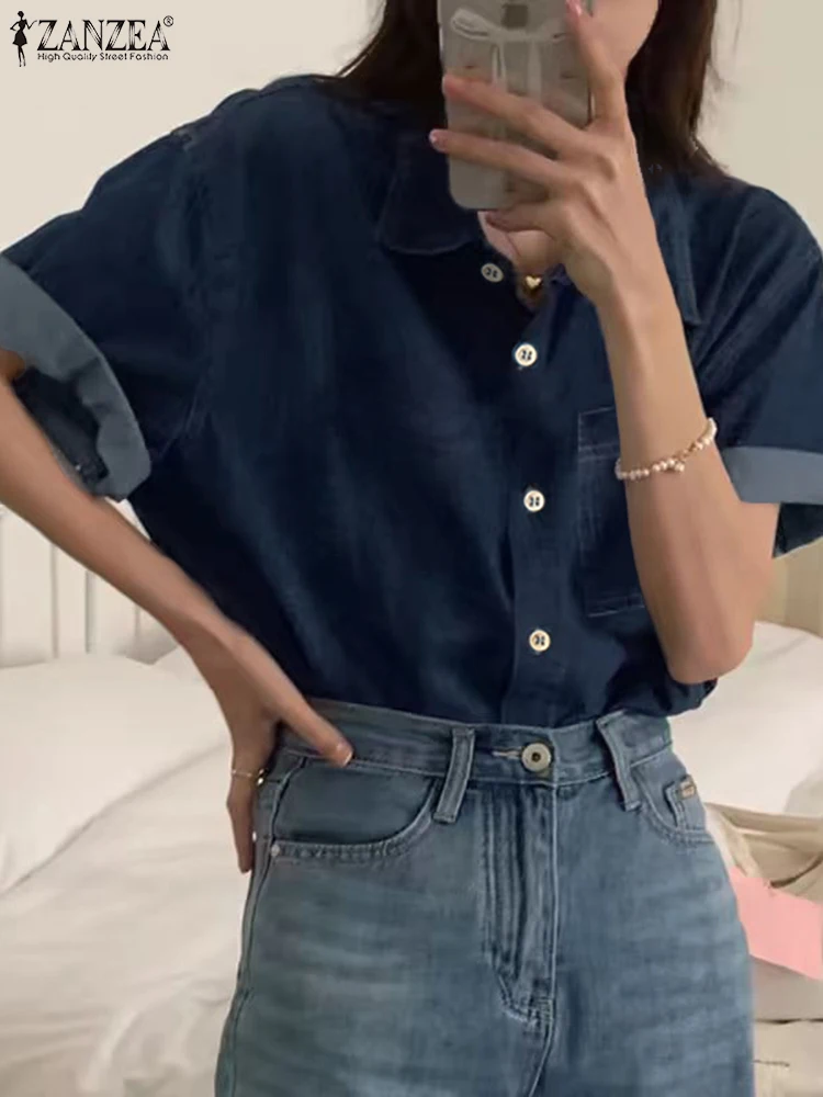 Женская модная туника на пуговицах ZANZEA Повседневная Свободная джинсовая рубашка