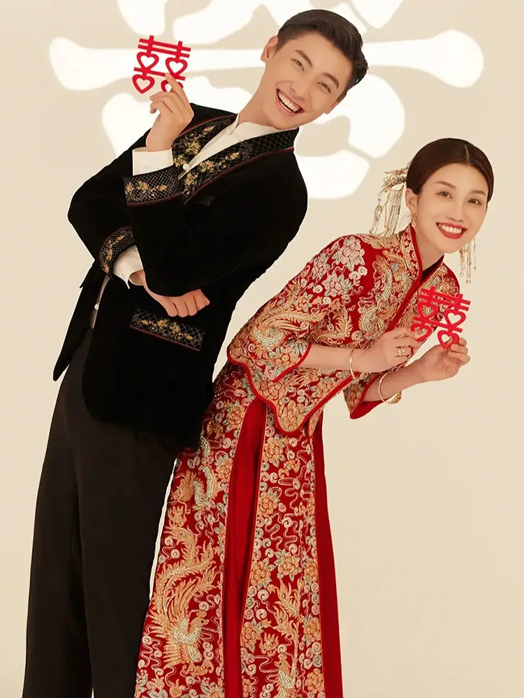 Toast Clothing Women Elegant Dragon Phoenix Embroidery Wedding Dress Exquisite Mandarin Collar Marriage Cheongsam