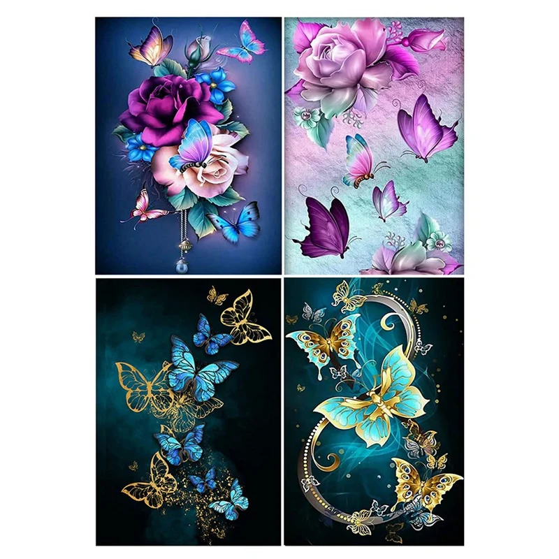 

4 Pcs Butterfly DIY Full Round Drill Diamond Painting Cross Stitch Craft Kits Art Home Wall Decoration Children Gifts