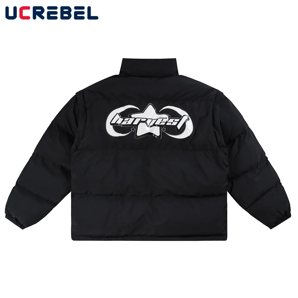 

Letter Print Quilted Jacket Mens Autumn Winter Stand Collar Warm Zipper Outerwear Sleeve Detachable Casual Thick Padded Jacket