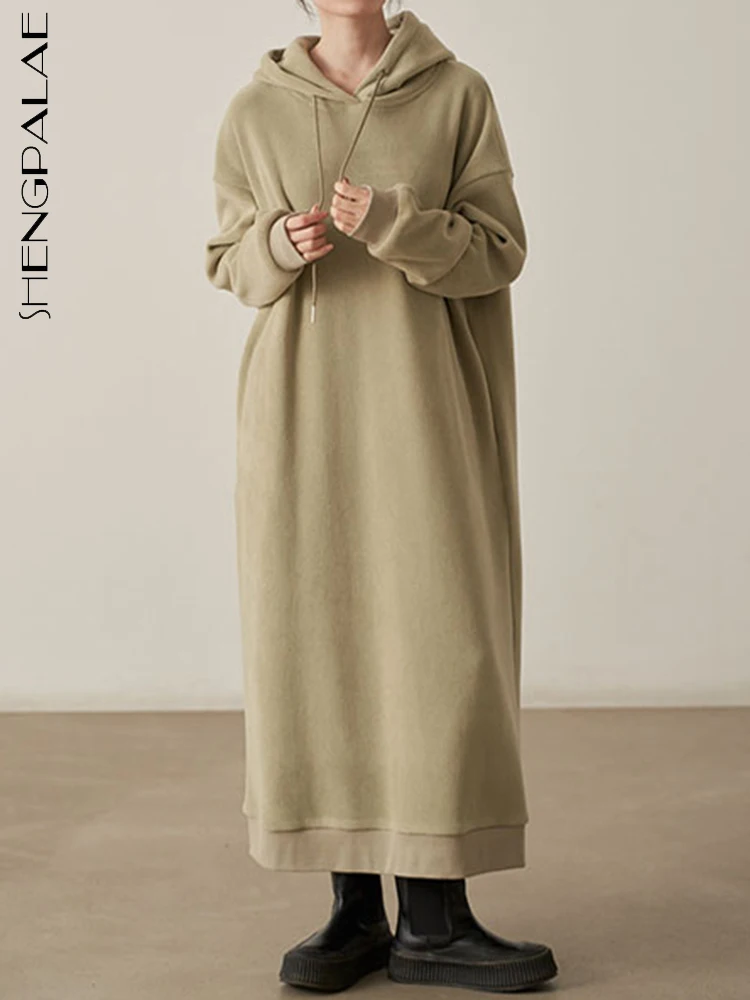 

SHENGPALAE Sweatshirt Dress For Women Fashion Hooded Drawstring Full Sleeve Solid Color Straight Vestido Autumn 2023 New 5R5403