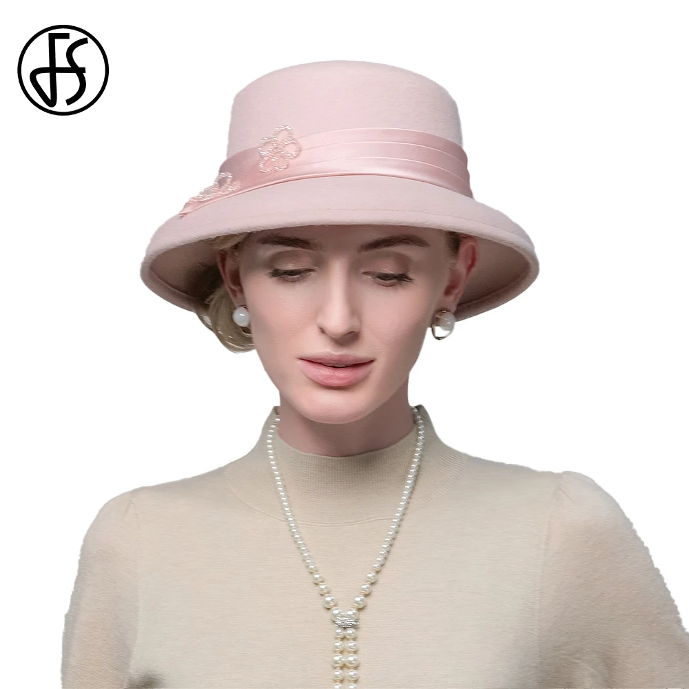 FS Apricot Pink Fedora British Top Hats For Women With Flower Elegant Church Wool Cap 2023 Ladies Formal Occasion Millinery