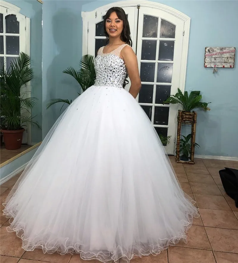 

Sheer Neck Ball Gown Quinceanera Dresses 15 Party Sparkly Crystal Beaded Robe de mariee Formal Wedding Dresses Hot