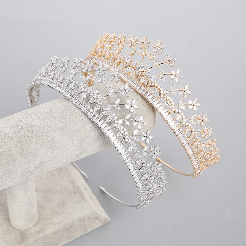 

MYFEIVO Full Zircon Wedding Floral Crown Gold Silver Color Bridal Tiaras Bride Headdress Female Hair Jewelry Accessories HQ0846