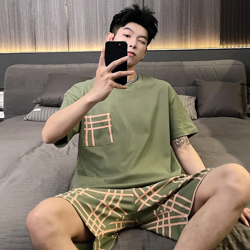 Men Summer Pyjama Set Cotton Soft Comfortable Striped Teen Pocket Lounge Plaid Home Sleepwear 2 Pieces Broadcloth