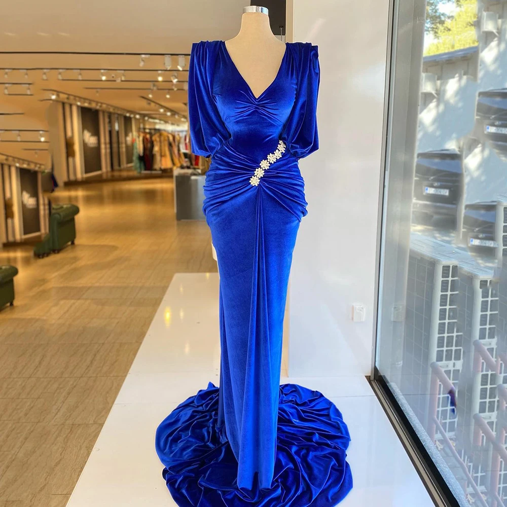 

Royal Blue Velvet Mermaid Prom Dress Long Puffy Sleeves V-Neck Evening Dress 2022 Pleats Beading Evening Gowns