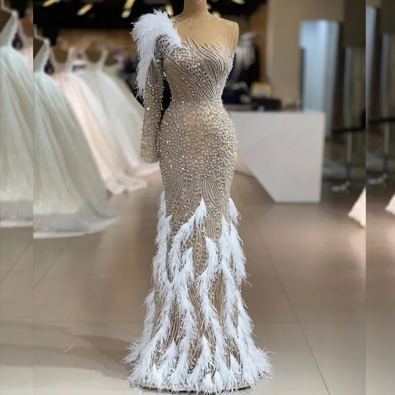 

Luxury crystal beading one-shoulder long-sleeved feather mermaid ball dress star evening dress fashion show banquet performance