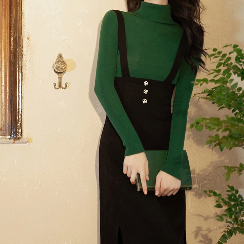 

Knitted Sweater+Strap Skirt Two-piece Set Elegant Dresses High Neck Vintage Dark Green Sweater Slim Waist Midi Dress Set Y2k
