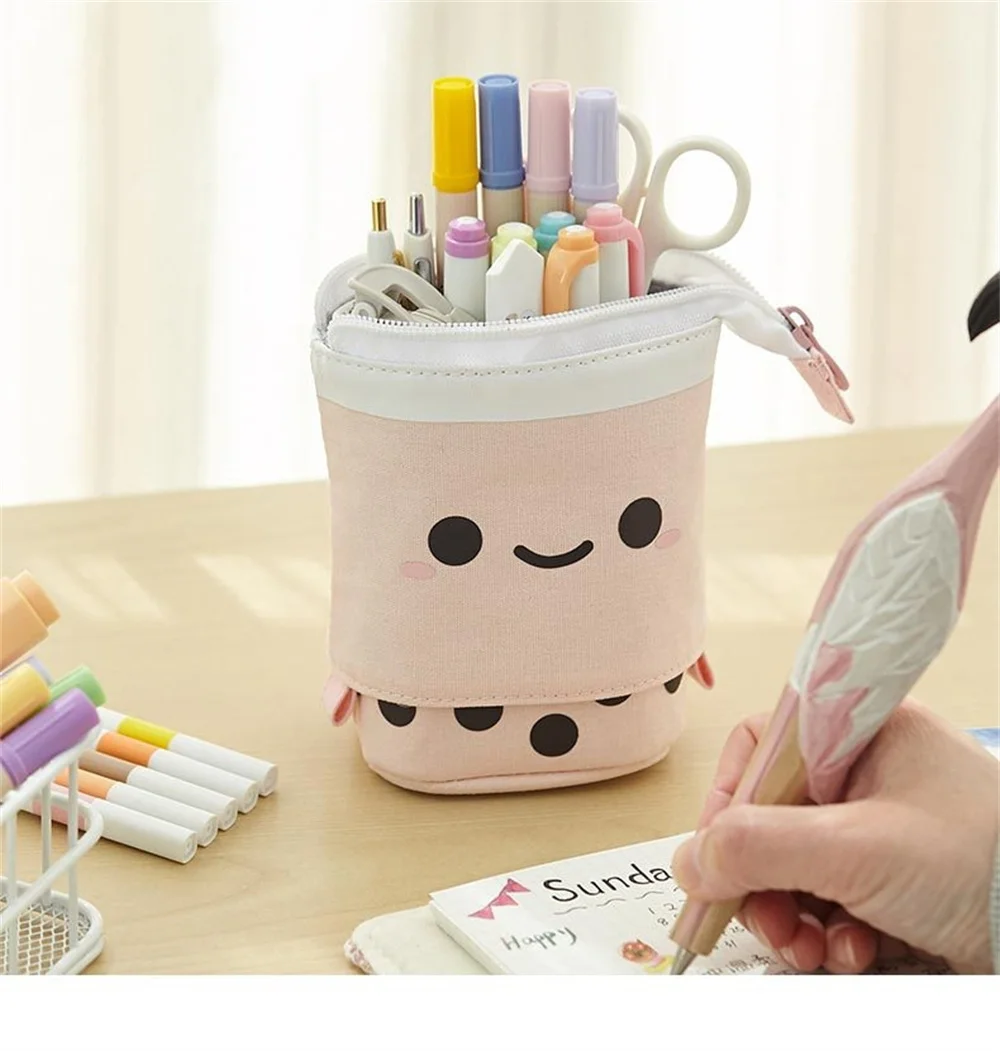 Telescopic Holder Stationery Case Stand-up Transformer Bag With Kawaii Smile Face Black Dot Organizer
