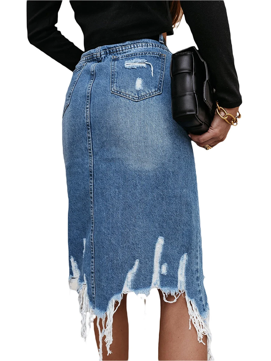 

Women s Fashion Distressed Denim Mini Skirt with Frayed Hem and Raw Edges - High Waist A-Line Jean Skirt with Irregular Tassel