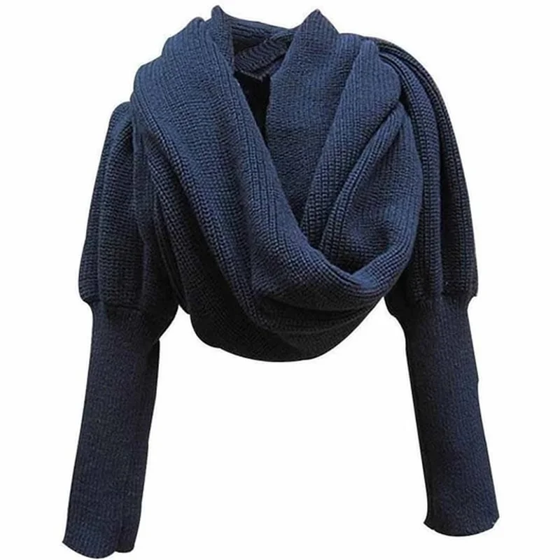 Fashion Winter Warm Solid Color Knitted Wrap Scarf Crochet Thick Shawl Cape with Sleeve for Women and Men Scarf with Leeves