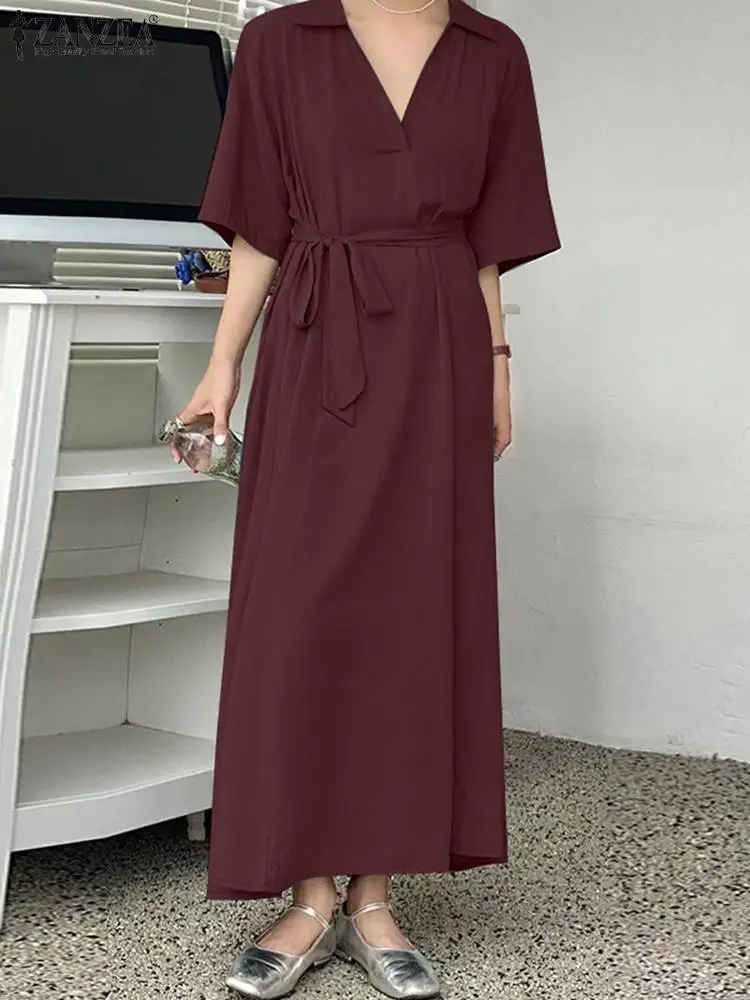 

2023 ZANZEA Fashion Women Lapel Neck Half Sleeve Loose Casual Sundress Elegant Solid Work Vestido Kaftan Summer Long Shirt Dress