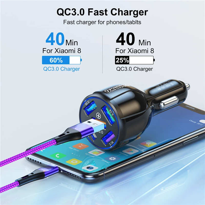 5 Port Fast Charging Car USB Charger For Xiaomi redmi note 10 pro Quick Charge 3.0 15A Charger Mobile Phone Charge in Car