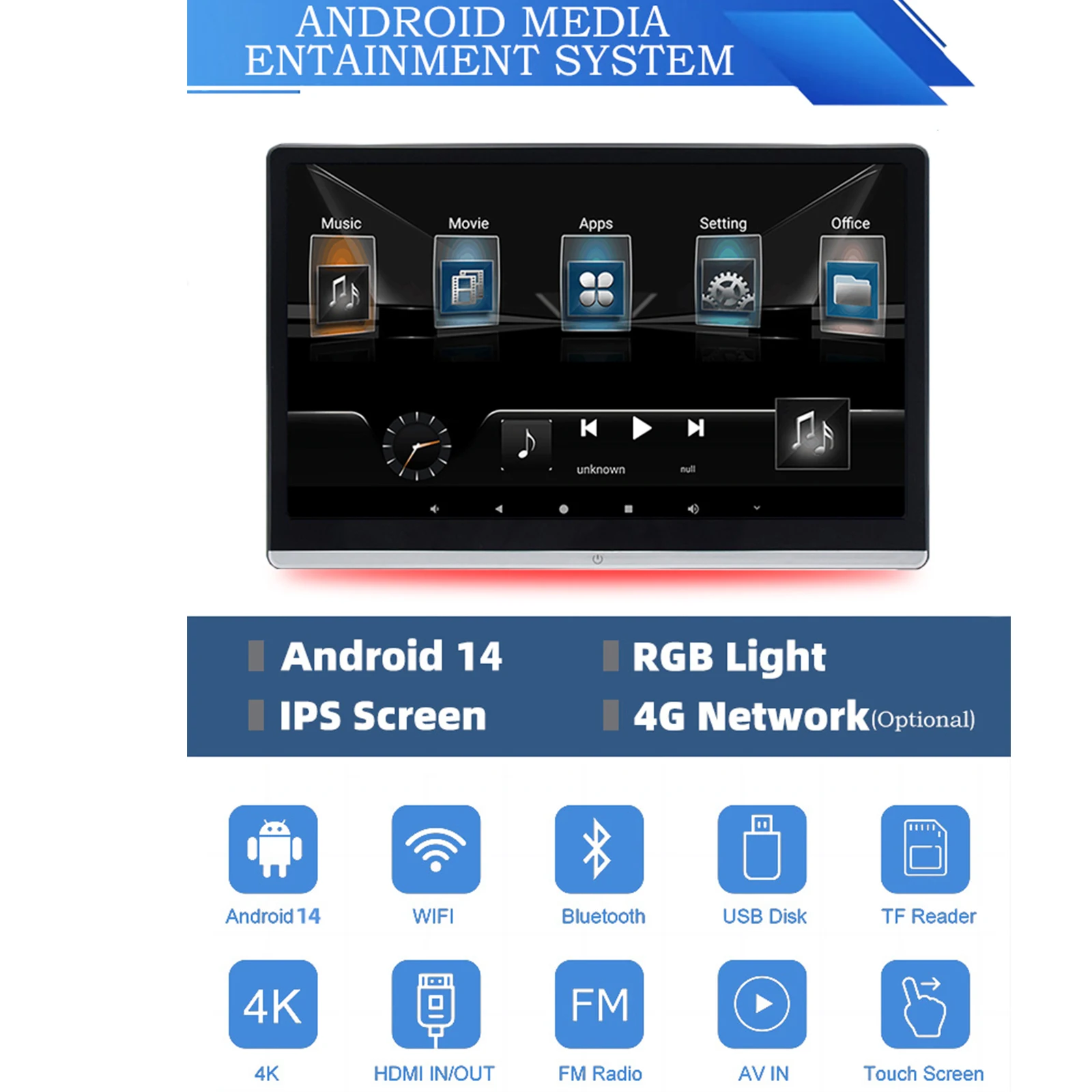 14 &quotAndroid Универсальный вращающийся монитор на подголовнике автомобиля WIFI Bluetooth