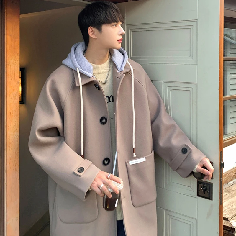 2022 Autumn Winter Fashion Men's Woolen Coats Hooded Solid Single Breasted Lapel Long Coat Thick Jacket Casual Overcoat S118