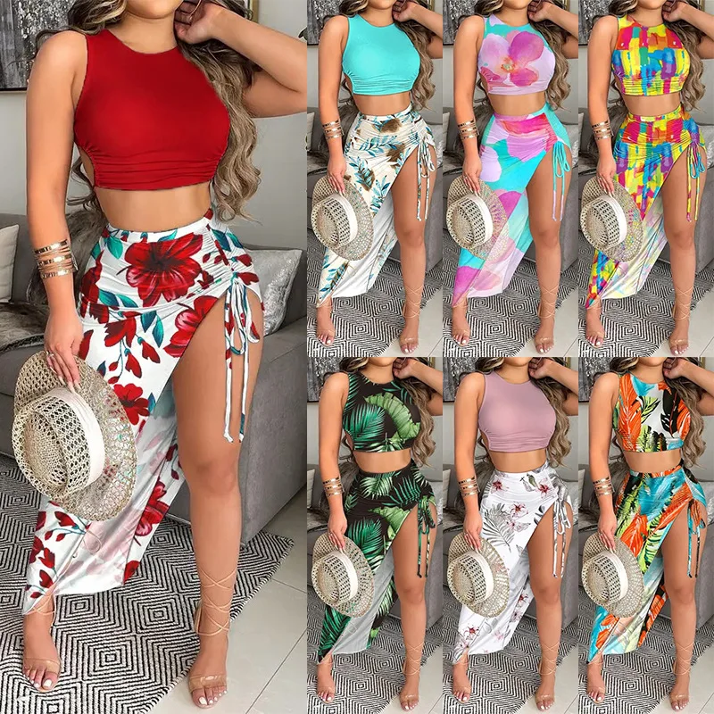 

2022 Summer New Skirt Women's Navel Undershirt Set High Waist Open Drawstring Sexy Half-body Skirt Two-piece Women's Wholesale