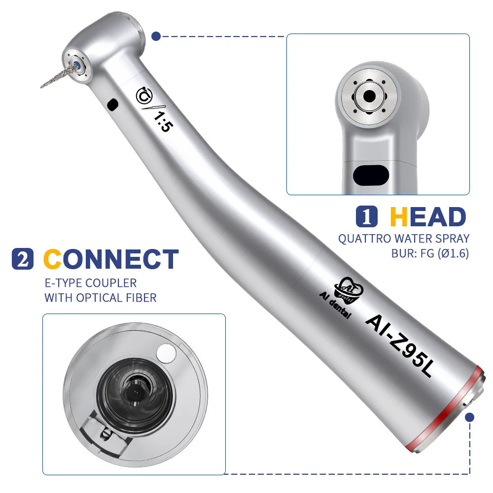 

AI-Z95L Stainless Steel 1:5 Increase Fiber Optic Contra Angle Slow Speed Dental Handpiece Inner Water Spray Oral Hygiene Tools