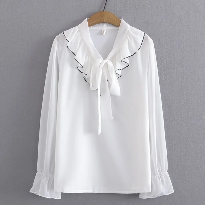 

4XL Plus Size Chiffon Blouse Women 2023 Spring Ruffle Bow V-Neck Fashion Sweet Puff Sleeve Tops Oversized Curve Clothes