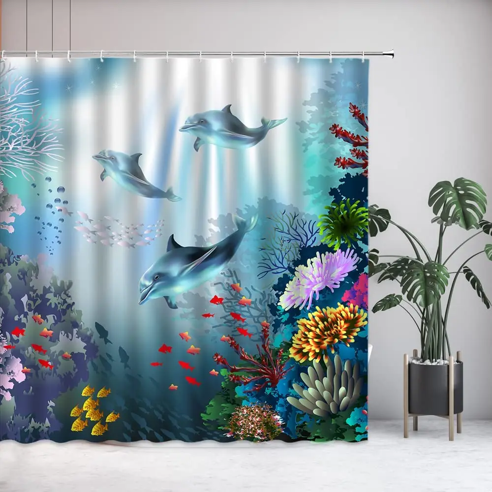 

Dolphin Shower Curtain Underwater World Marine Life Colorful Tropical Fish Animal Polyester Bathroom Decor Curtain with Hook