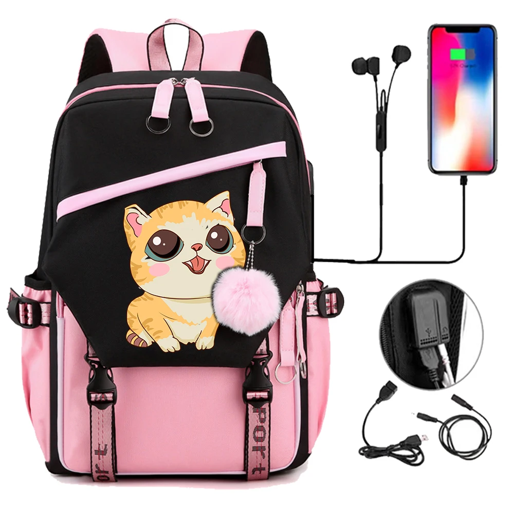 

Usb Port Women School Backpack Black Pink Bagpack Travel Rucksack Casual Lady Girls Travel Backpack Cat Kawaii Back Pack Mochila